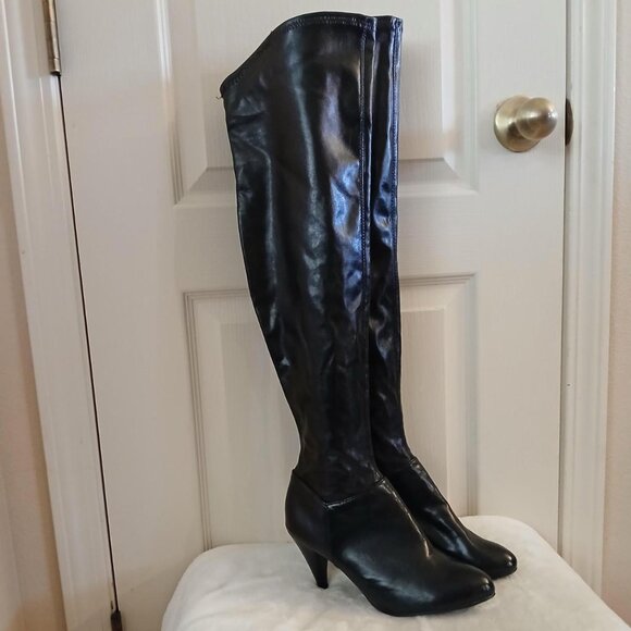 Chinese Laundry Black faux leather over the knee pointed toe stiletto boots 7 - Picture 1 of 8